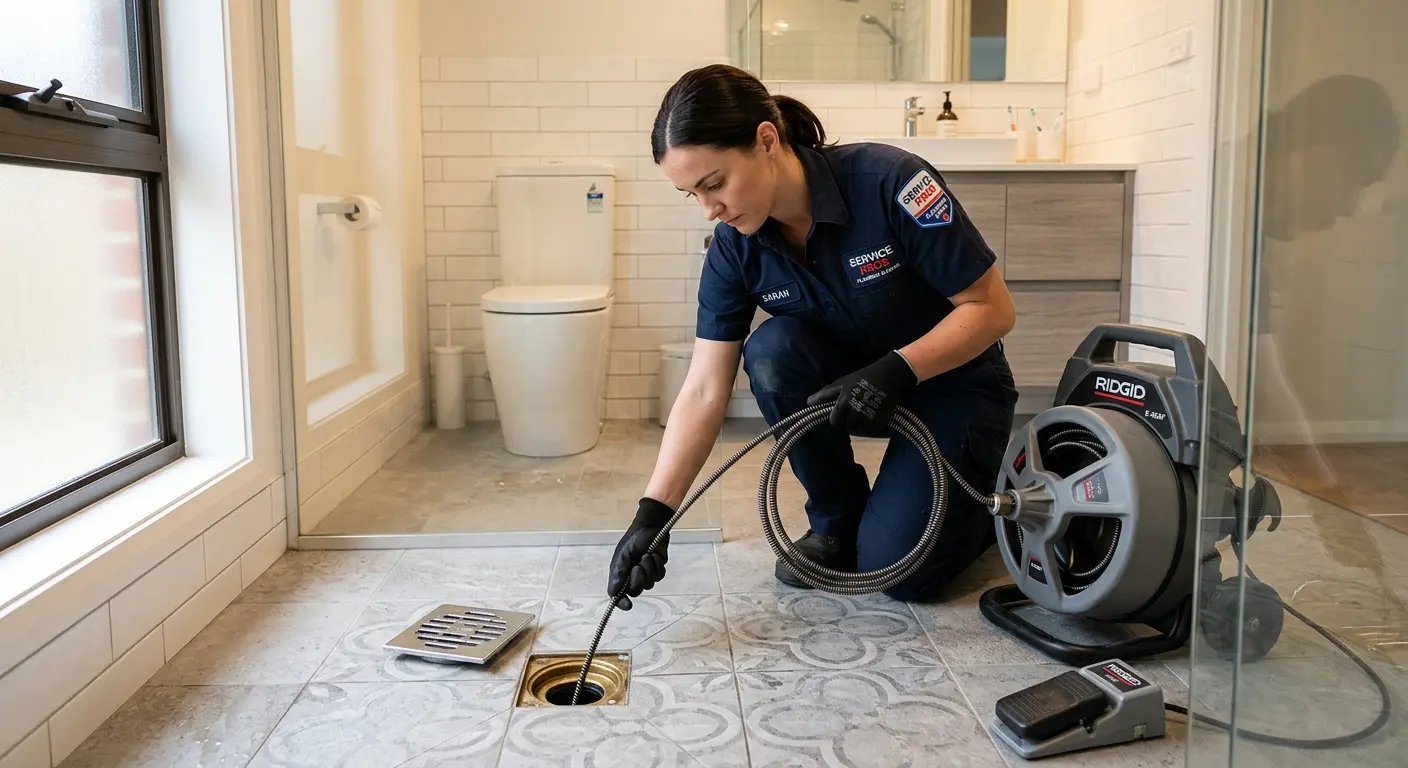 Technician clearing a bathroom floor drain for Sewer Line Installation in Cranberry